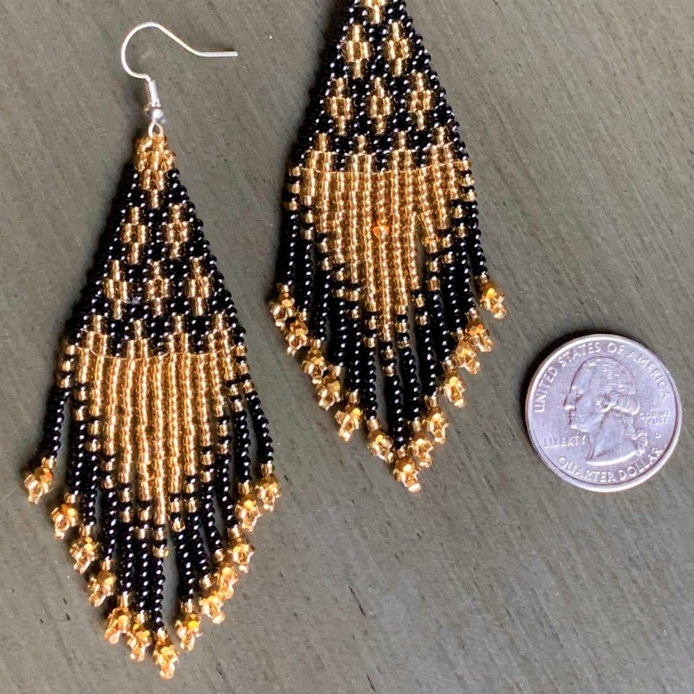 4" L Elegant Handcrafted Beaded Black Gold Seed Bead Tassel Dangle Earrings New